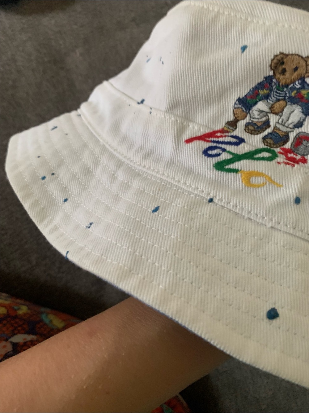 Polo by Ralph Lauren White Bucket Hat with Multicolor Bear Embroidery